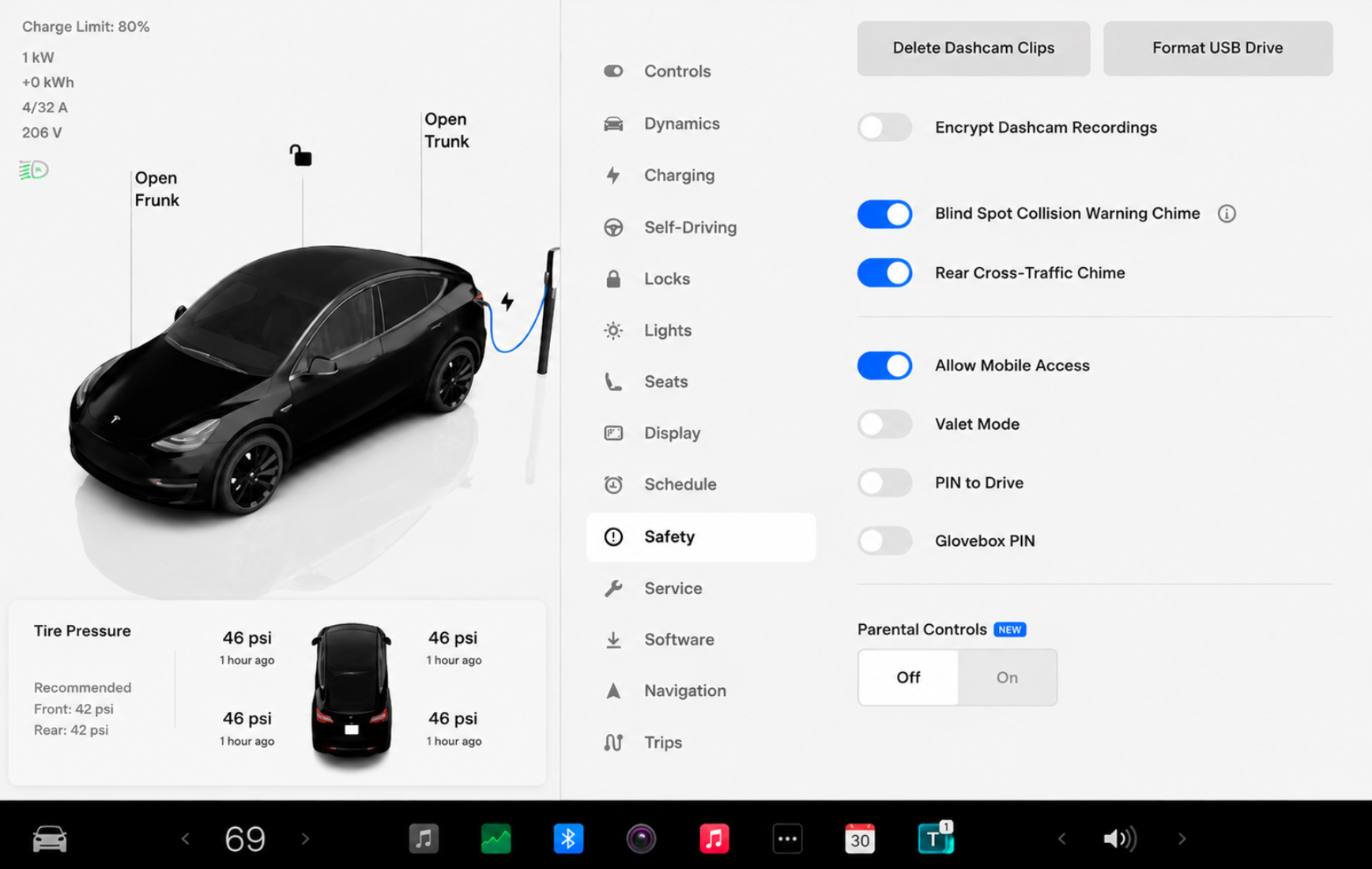 Tesla Safety screen with the Encrypt Dashcam Recordings toggle turned off (grey)