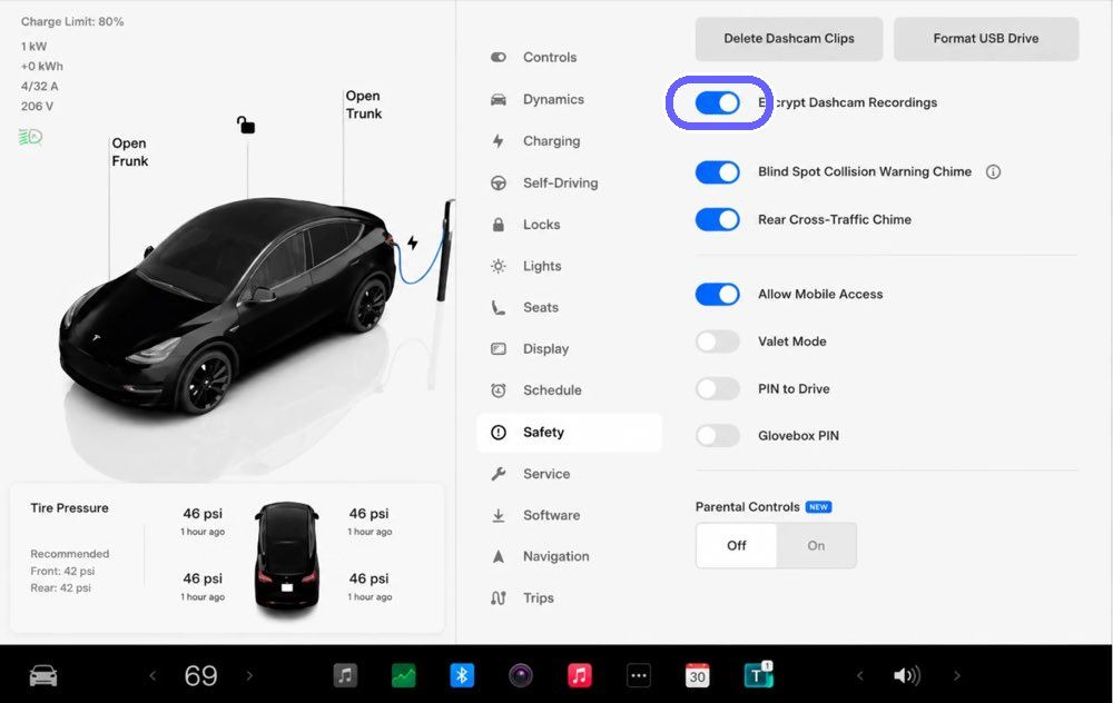 Tesla Controls Safety screen with the Encrypt Dashcam Recordings toggle highlighted