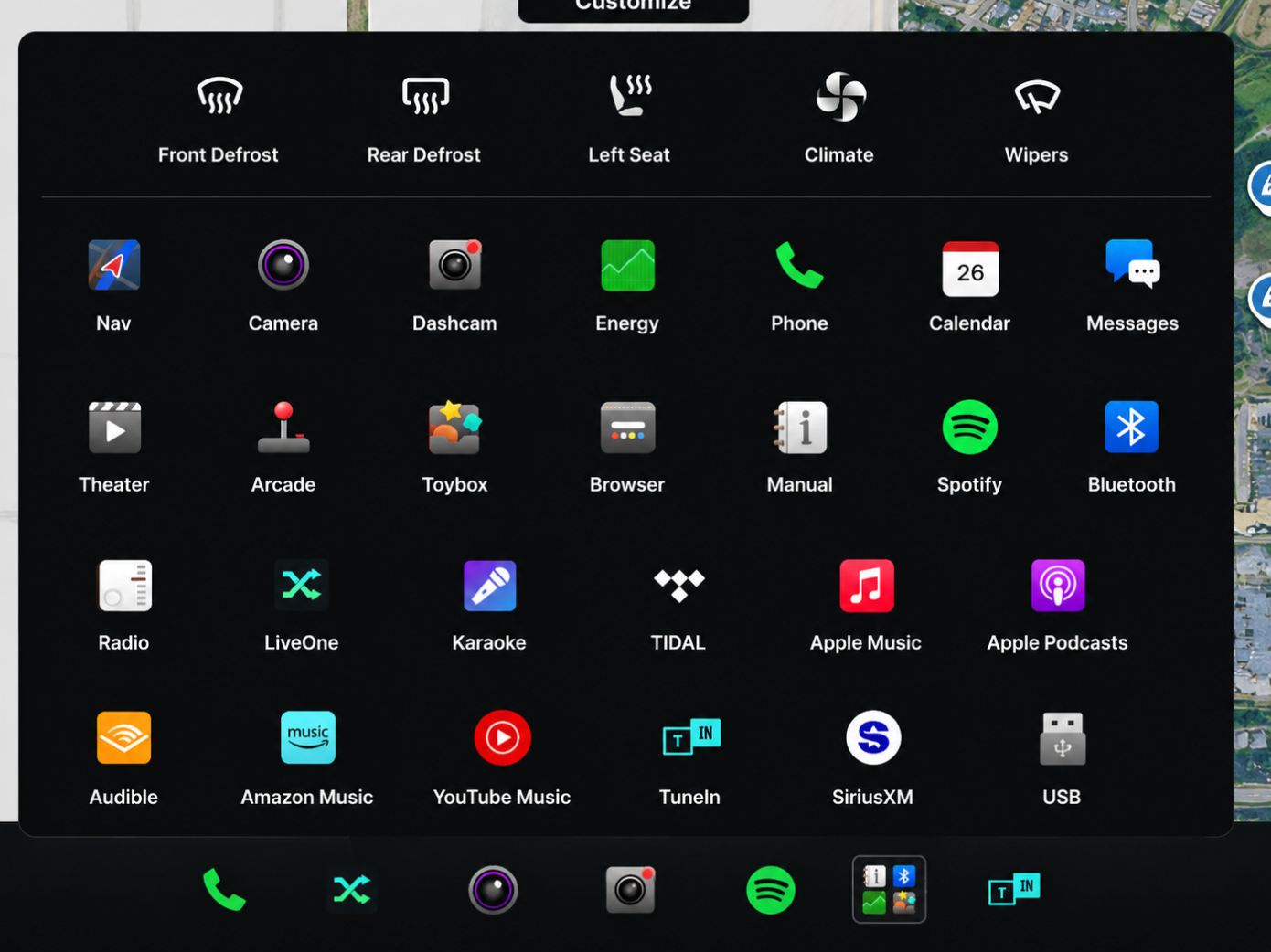 Tesla bottom dock with apps folder highlighted