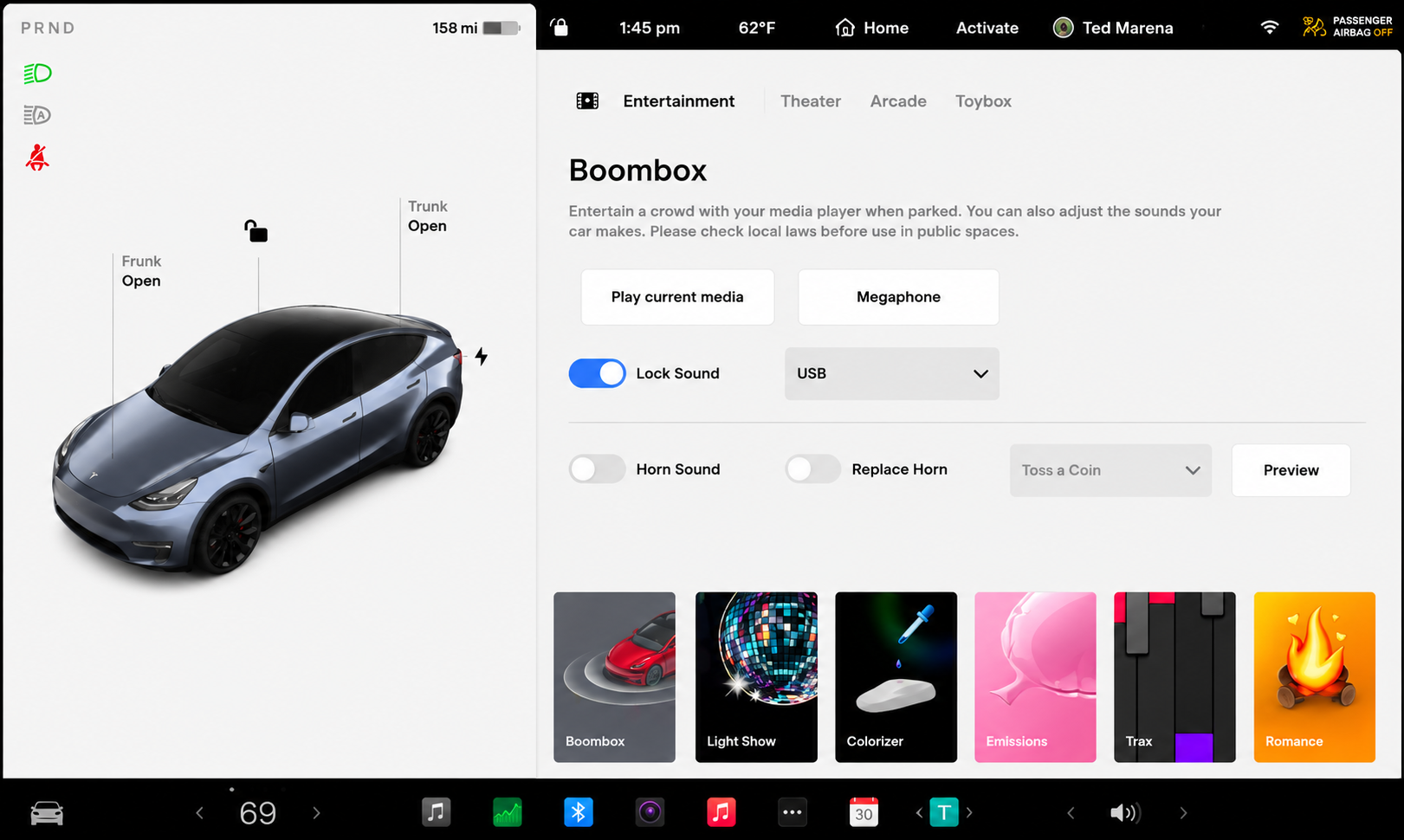 Tesla Boombox with Lock Sound enabled and USB selected